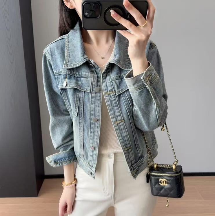 Foreign Style Fashionable Design Shown Leg Long Fresh Light Color Soft Denim Short Small Laps Coat Women's 25 Years Spring F0306W