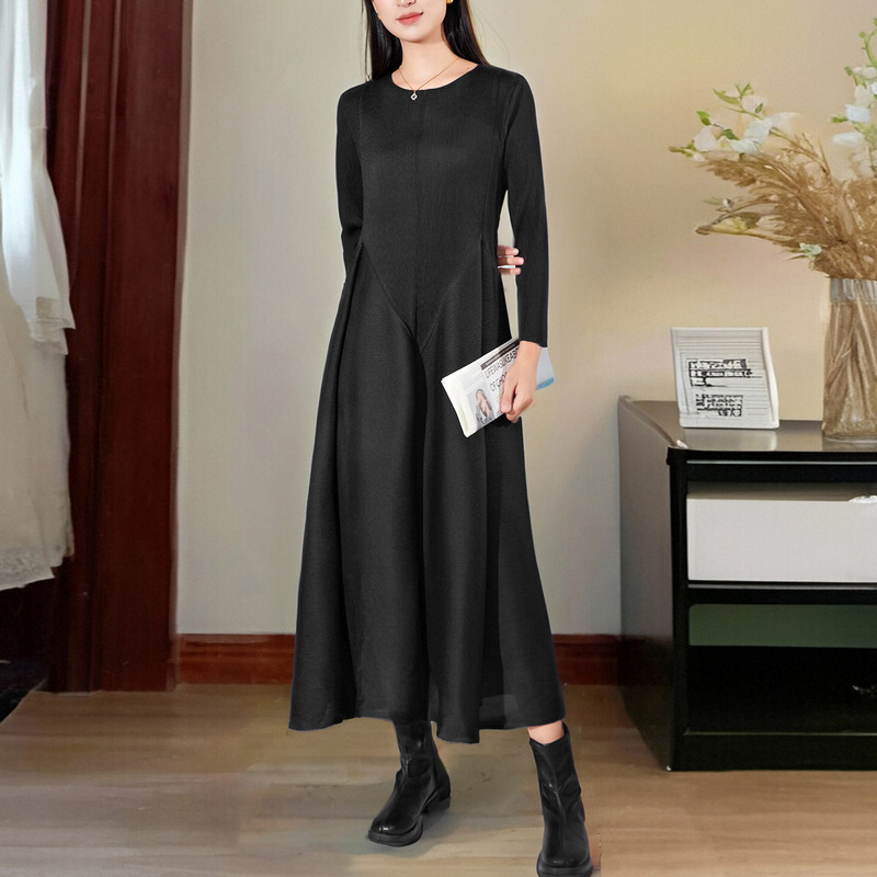 Foreign Trade Hepburn Style dress High-end Black Women's Long Dress Niche Designer A- line Dress Autumn Long Sleeve Dress