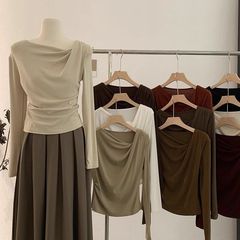 女性用フレンチスイングカラートップ、初秋のピュアセクシースタイル、長袖スリムフィットスイングカラーボトムシャツTシャツ