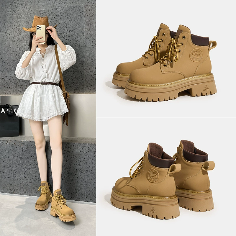 Женские ботинки из ревеня 2024, осенние новые стильные женские ботинки для походов на открытом воздухе, ботинки из ревеса на толстой подошве, рабочие ботинки из натуральной кожи для женщин