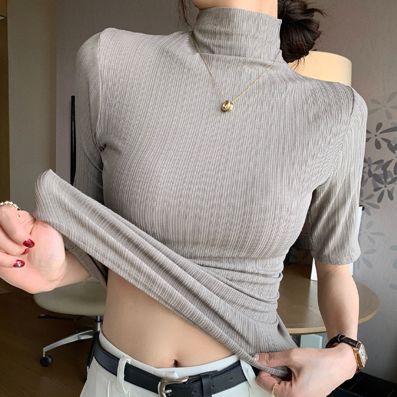 H342 生放送人気半袖 Tシャツ新しい女性のトップスハーフタートルネック五分袖サンシェードボトリングシャツ服女性のための|undefined