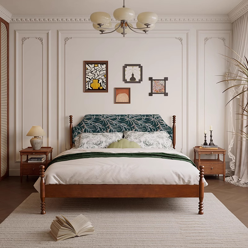 Danvas estilo francés retro estilo medieval toda cama doble de madera maciza cama de cama principal cama de madera de avele cama de cera blanca cama