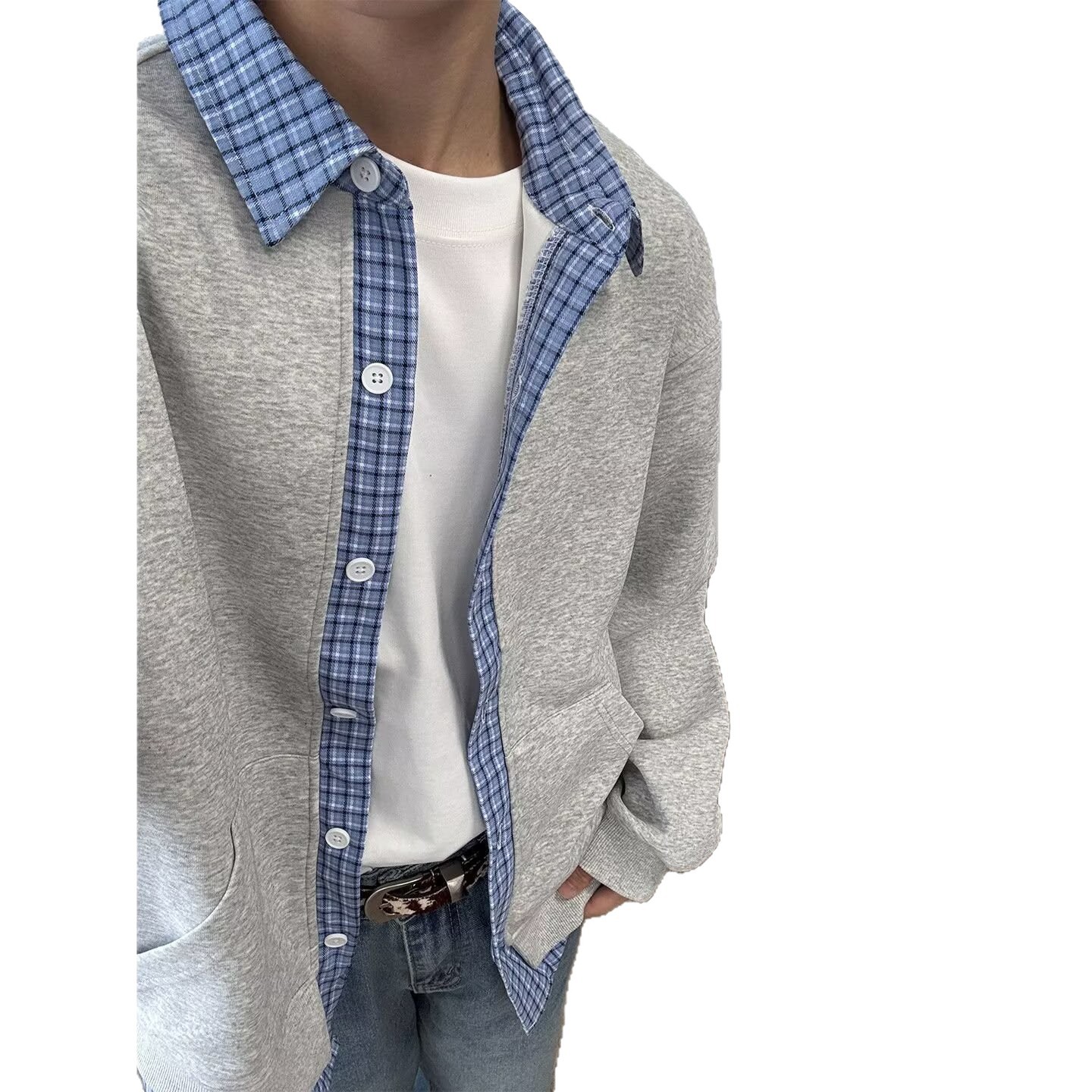 2026 ropa de primavera nuevo hombre falso dos piezas de camisa de manga larga marca de moda personalidad de color contraste camisa de cuello chaqueta