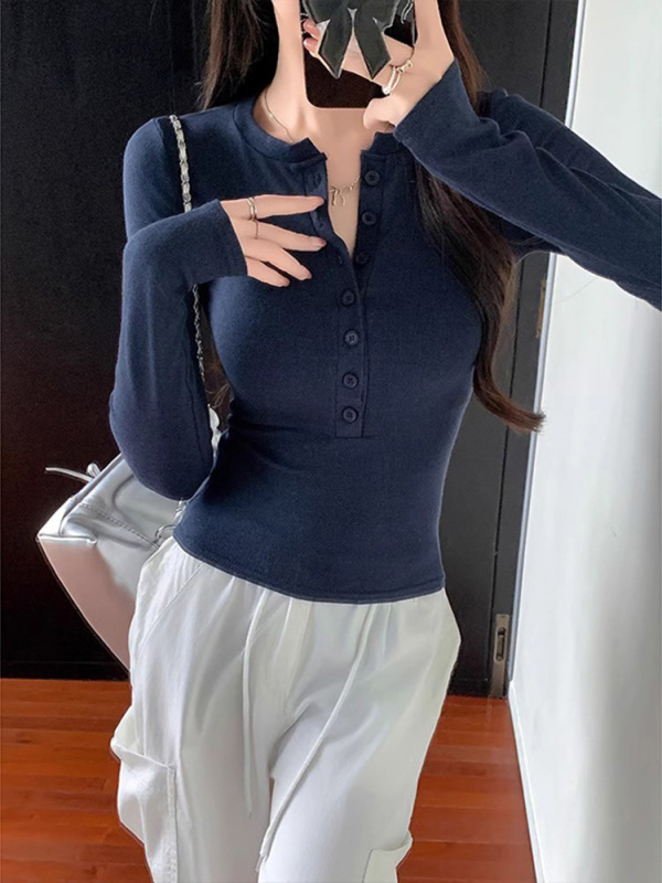 美式辣妹半开圆领纽扣长袖T恤秋季打底衫紧身显瘦内搭打底衫上衣|undefined