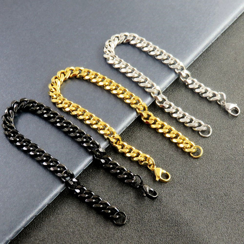 Stainless steel Cuban chain bracelet men's gold titanium steel grinding six-sided bracelet foreign trade jewelry 3/5/7/9mm Stainless steel Cuban chain bracelet men's gold titanium steel grinding six-sided bracelet foreign trade jewelry 3/5/7/9mm