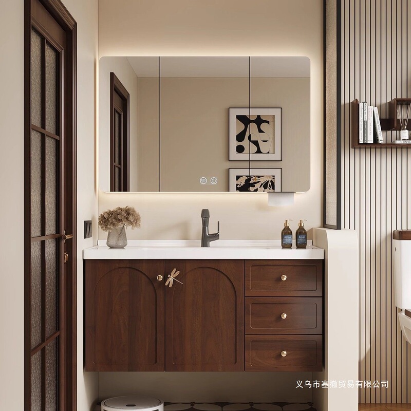 French-Style Bathroom Cabinet, Antique-Style Bathroom Cabinet, Ceramic Integrated Washbasin, Oak Retro Mirror Cabinet Set