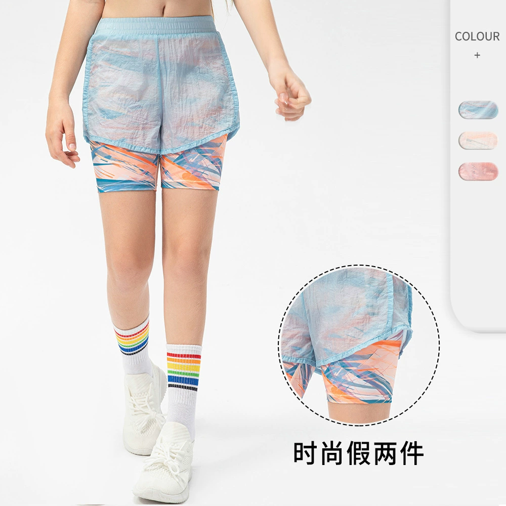 Поддельные спортивные шорты из двух частей с принтом для девочек, шорты для фитнеса и бега, Детские тренировочные шорты для йоги и танцев 23405