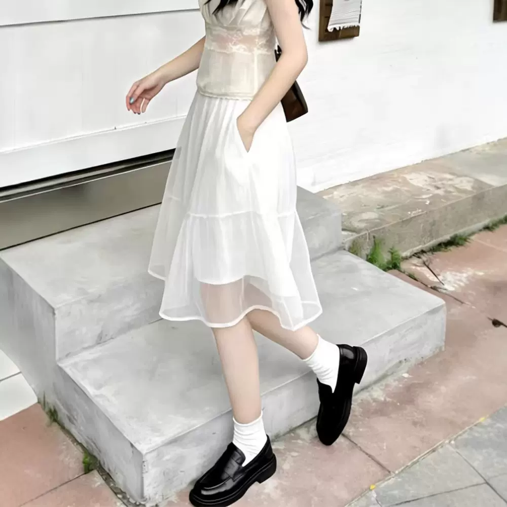 白色网纱中裙女2026年春新款休闲风半身裙高腰显瘦百搭拼接A字裙