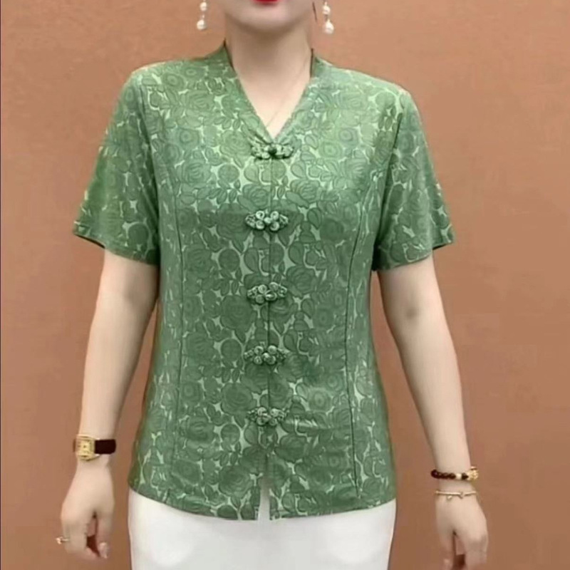 新しい中国風ママトップス婦人服夏 2025 新しい気質中高年女性のボタン付きレトロシャツ Tシャツ|undefined