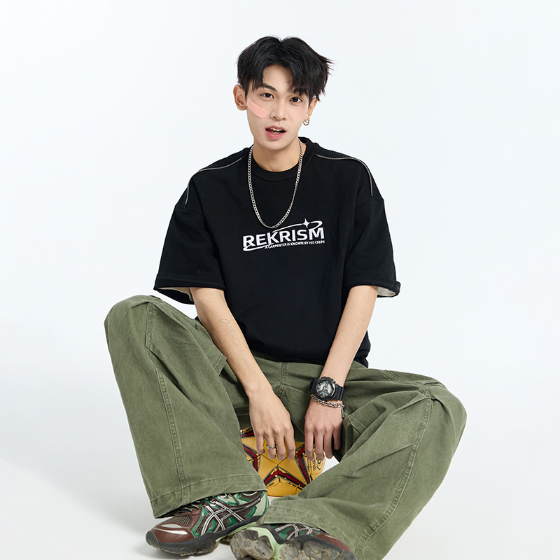 アルファベット刺繍半袖tシャツ男子夏の薄手の丸首五分袖上着の潮牌ゆるい半袖|undefined