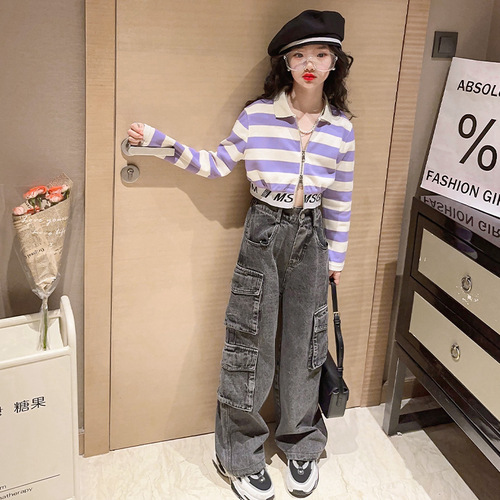 Girls' clothing fashionable jeans fashionable 2024 new children's spring clothing medium and large children's spring and autumn jeans