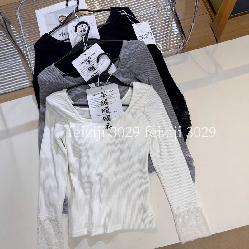 妃子纪3029方领螺纹袖口蕾丝打底衫潮流爆款高质量打底固定杯上衣|undefined
