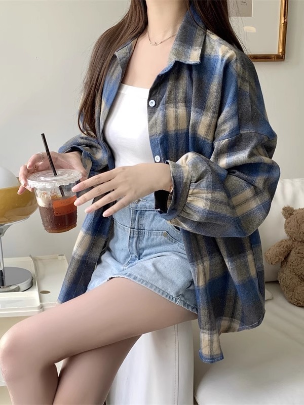 美式复古长袖格子衬衫外套女款2025新款夏款小众宽松衬衣外穿上衣|undefined