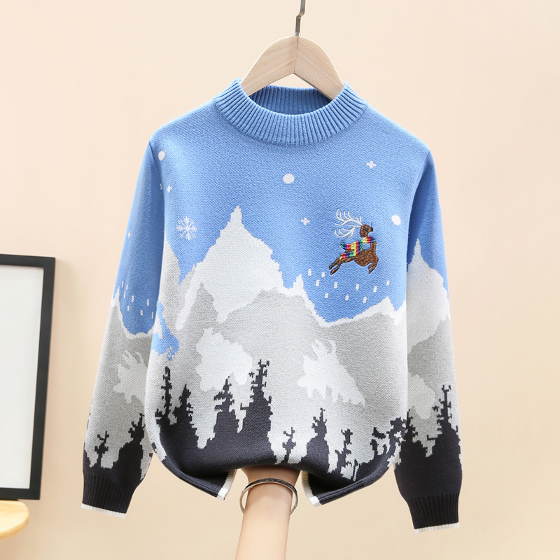 Boys' Sweater Autumn and Winter Knitwear for Older Boys, Winter Fleece-Lined and Thickened, Boys' 2025 Style Children's Clothing, Snow Mountain Deer