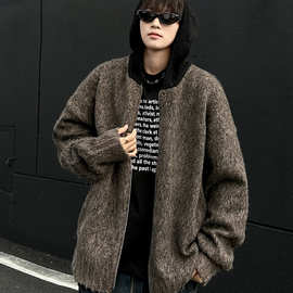 美拉德棕色连帽开衫毛衣男秋冬季cleanfit宽松慵懒风拉链针织外套