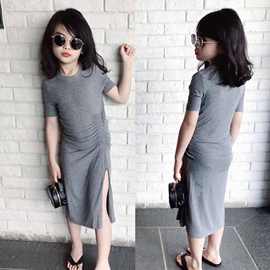 女童时髦连衣裙夏季韩版开叉不规则短袖修身弹力裙中小童一件代发