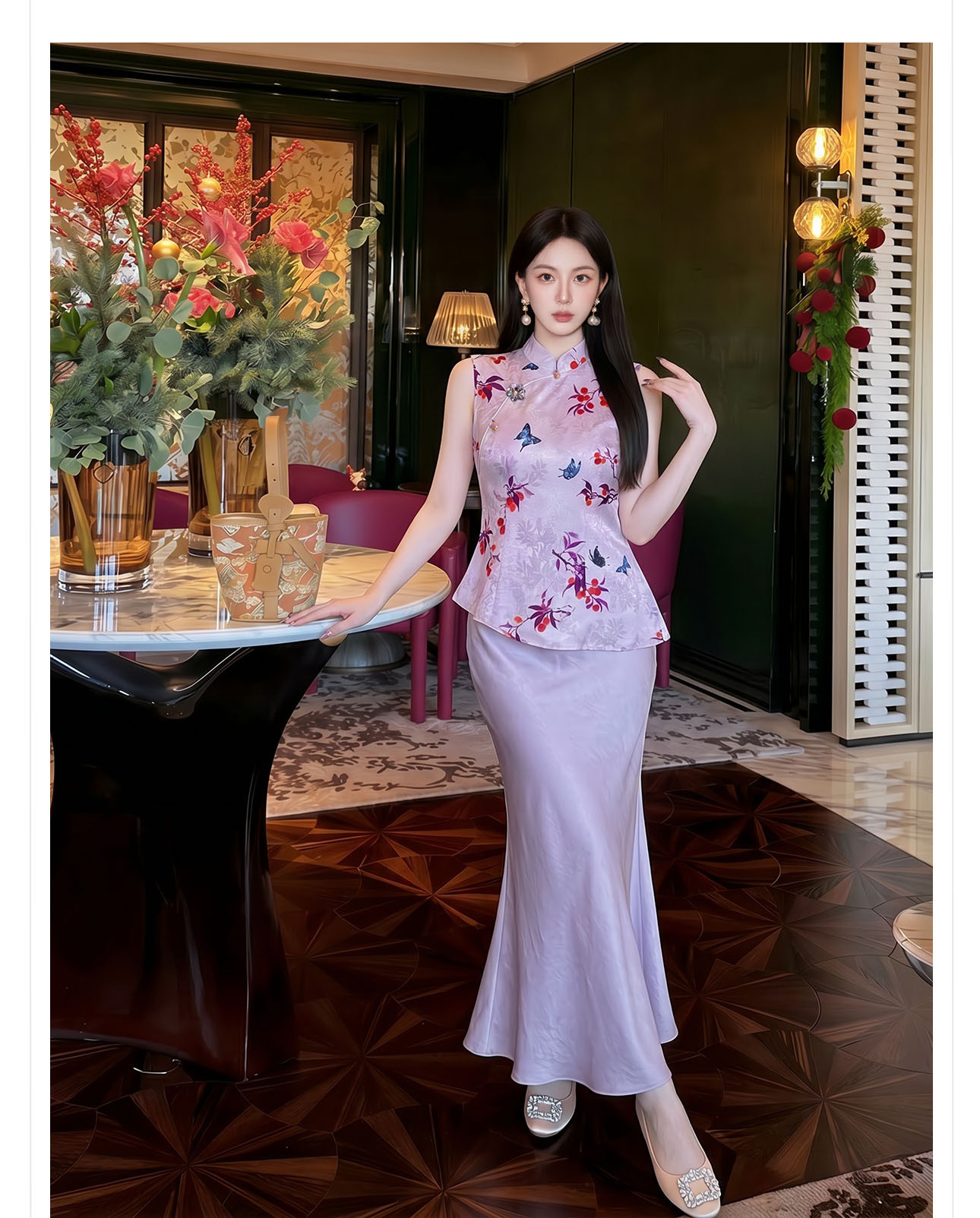 Áo gile nữ cổ đứng không tay họa tiết thêu hoa văn quốc phong — màu tím chi tiết 7