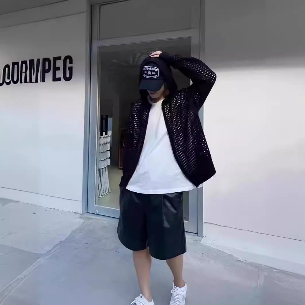 Cardigan haut de gamme pour hommes, pull en tricot ajouré à capuche haute élasticité pour tenue d'été fine de couple de protection solaire_voghion.com