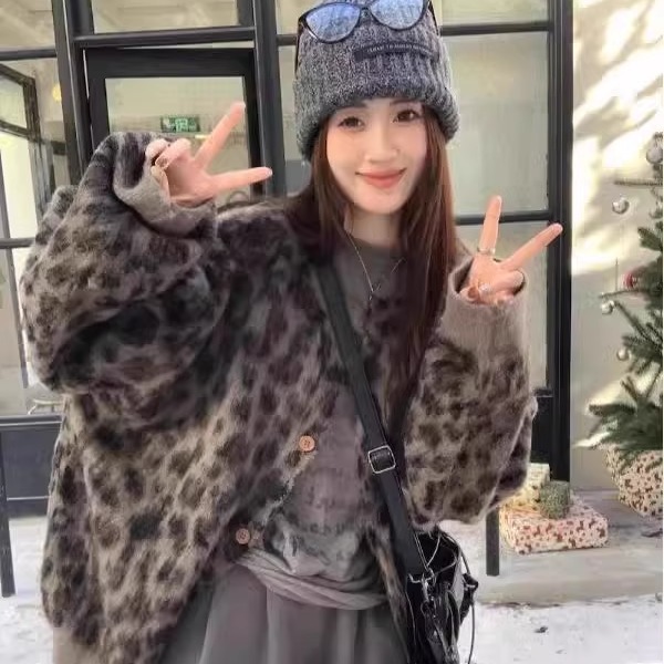 美拉德豹纹毛衣开衫女秋冬2025新款加厚中长款慵懒风针织衫外套女|undefined