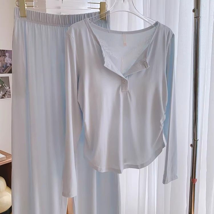 Women's Pajamas Spring and Autumn 2026 Simple and Elegant Cotton with Chest Pads Long-Sleeve Two-Piece Homewear Set for Girls