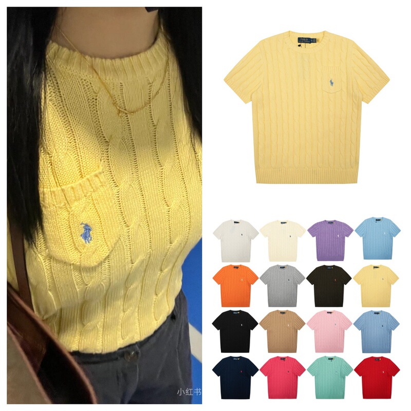 2025Srl Ralph Knit Twisted Pocket Short Sleeve T-Shirt with Pony Embroidery Women's Top Round Neck Cable Knit Base Shirt