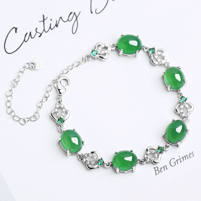 Agate emerald silver bracelet jade, stone inlay, 2021 collection