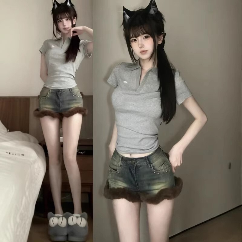 American Retro Polo Collar Short-Sleeve T-Shirt for Women, Summer Korean Style, Slim-Fit, Waist-Cinching, Trendy Top