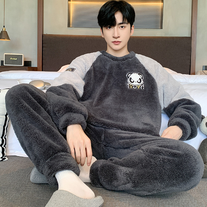 Pijamas de peluche de invierno para hombres guapo simple dibujos animados panda de peluche grueso ropa de casa de dos piezas