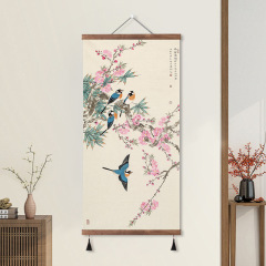 名家国画巻き軸画書画書斎玄関装飾画招財花鳥画早春意外にも桃花四喜縦