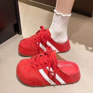 2025 Spring and Summer New Fashionable Korean Style Lace-up German Training Shoes Casual Style All-match Inner Height Increasing Soft Bottom Baotou Half Slippers