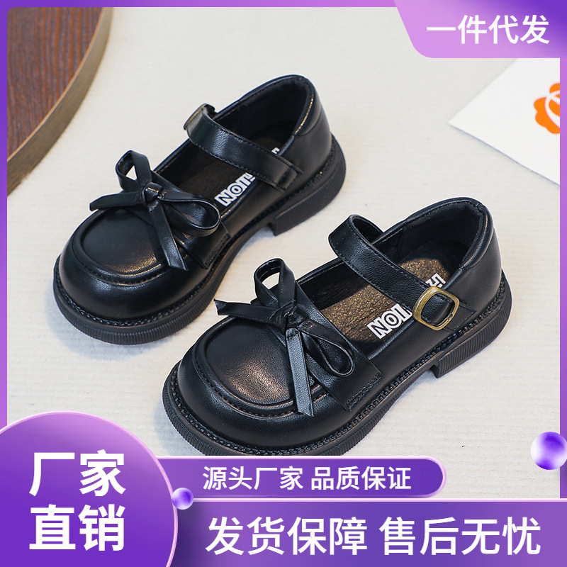 Girls Black Princess Leather Shoes 2025 Summer New Campus Performance Bow Soft Bottom Baby Fashion Leather Shoes