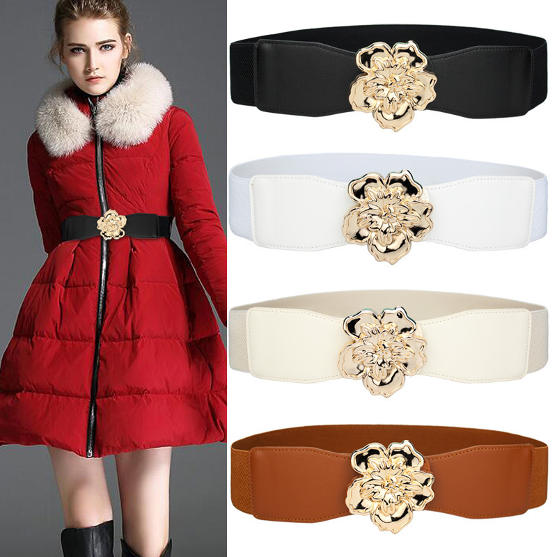 Big brand flower decorative wide belt with dress coat down jacket elegant all-match high-grade elastic belt fashion