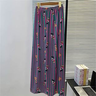 Korean Style Contrast Striped Mickey Ice Silk Pajama Pants for Women, Summer Long Pants 2025 New Loose Style, Suitable for Wearing Outside, Home Wide-Leg Pants