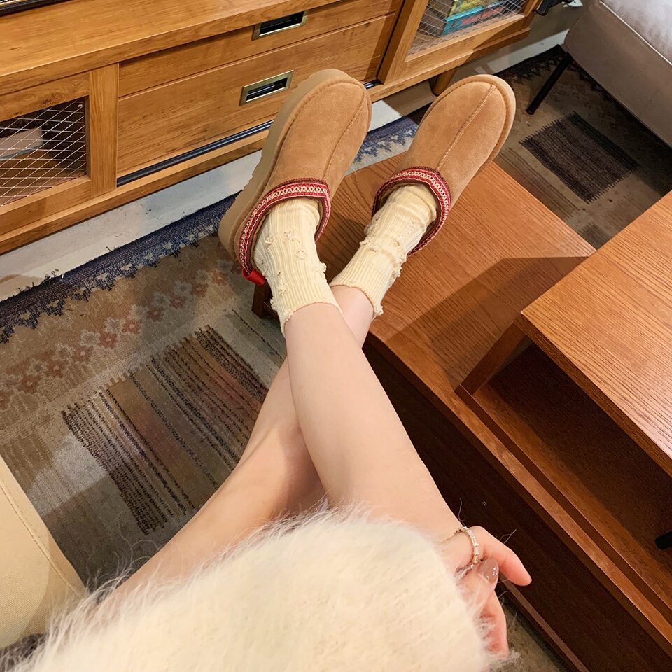 Dép lười nữ da bò thật đế dày lót lông nhân tạo giữ ấm, gót 4 cm — Màu cát, Màu hạt dẻ chi tiết 27