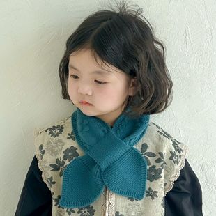 Korean Style Hemp Pattern Bean Cross Scarf Autumn and Winter Kidsren's Warm Windproof Knitted Scarf Baby Pure Color Scarf Trendy