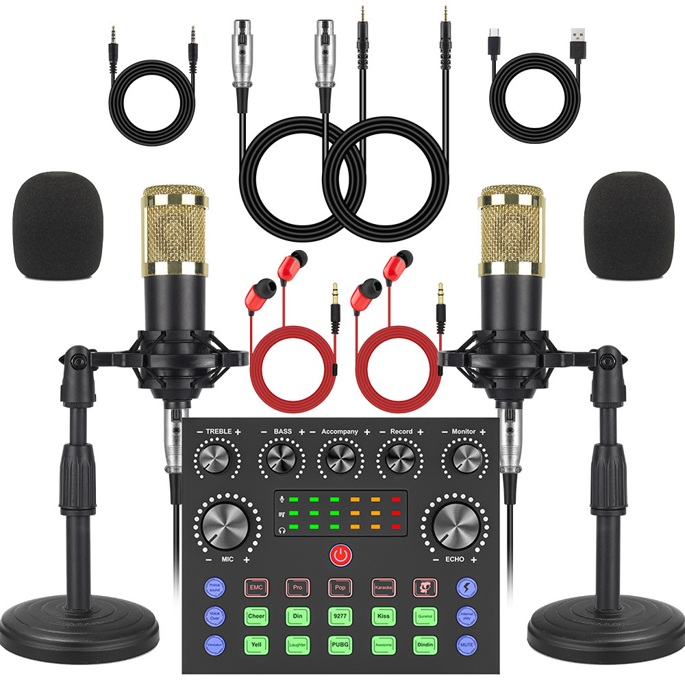 Cross-Border V8S Microphone Dual Microphone Desktop Disc Holder English Mobile Phone Computer Sound Card Live Broadcast Blog Equipment