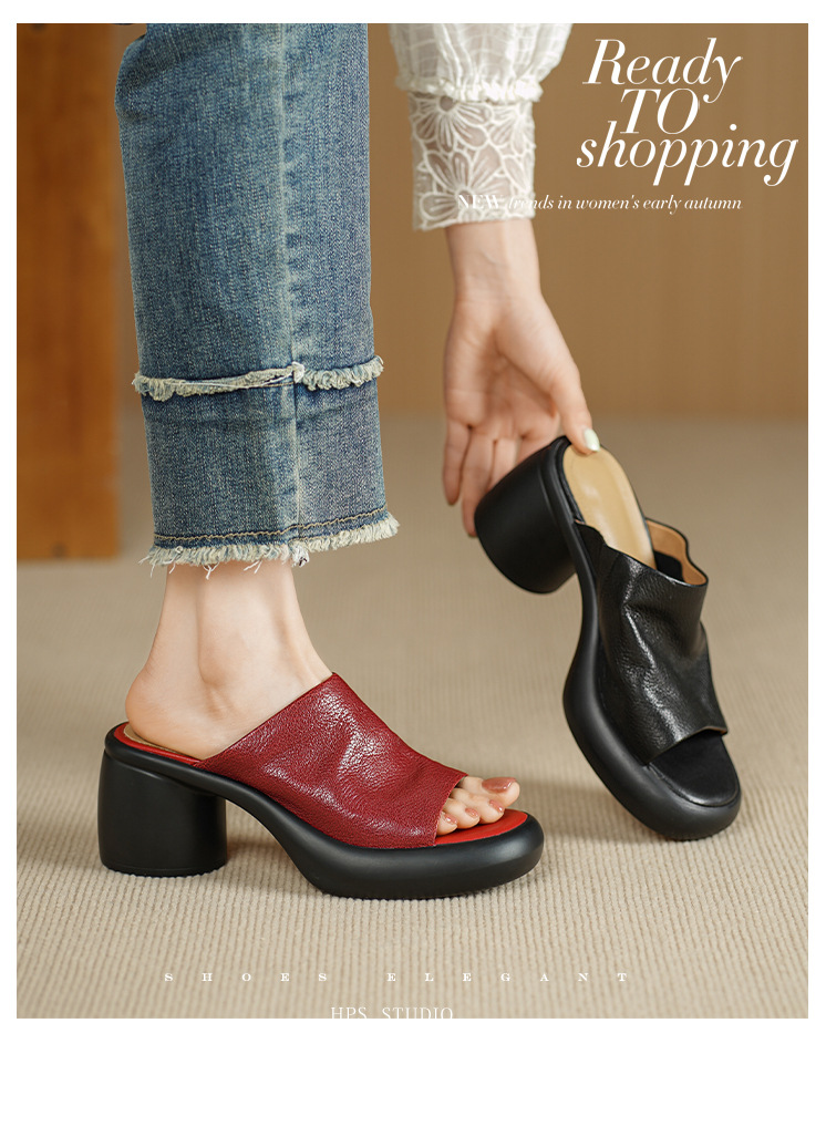 Sandal cao gót nữ hở mũi quai ngang da dê thật, gót 7 cm — đen chi tiết 1