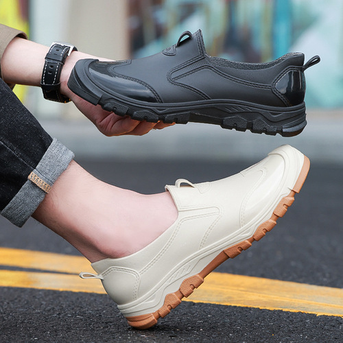 Low-top Off-White Waterproof Spring/Autumn Shoes for Kitchen Chefs, Anti-slip Rubber Shoes, Cool Black Men's Water Shoes, Outdoor Flat Waterproof Shoes for Men