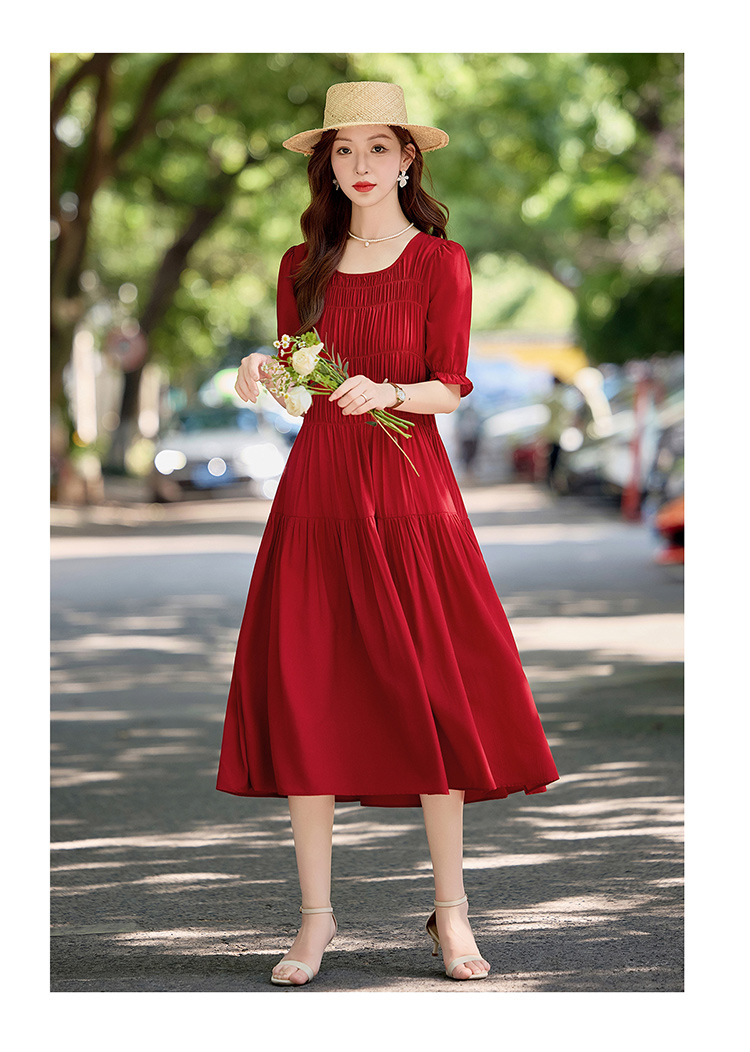 Đầm suông nữ midi che bụng eo màu trơn NI510 — Màu đen, Màu đỏ chi tiết 14