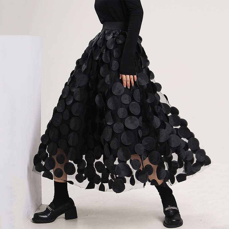in stock Designer Cut Round Stitching Mesh Skirt Women's Black High Waist Mid-Length Tutu Skirt