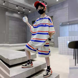 男童韩版运动套装中大童夏季新款洋气字母上衣时髦短裤条纹两件套