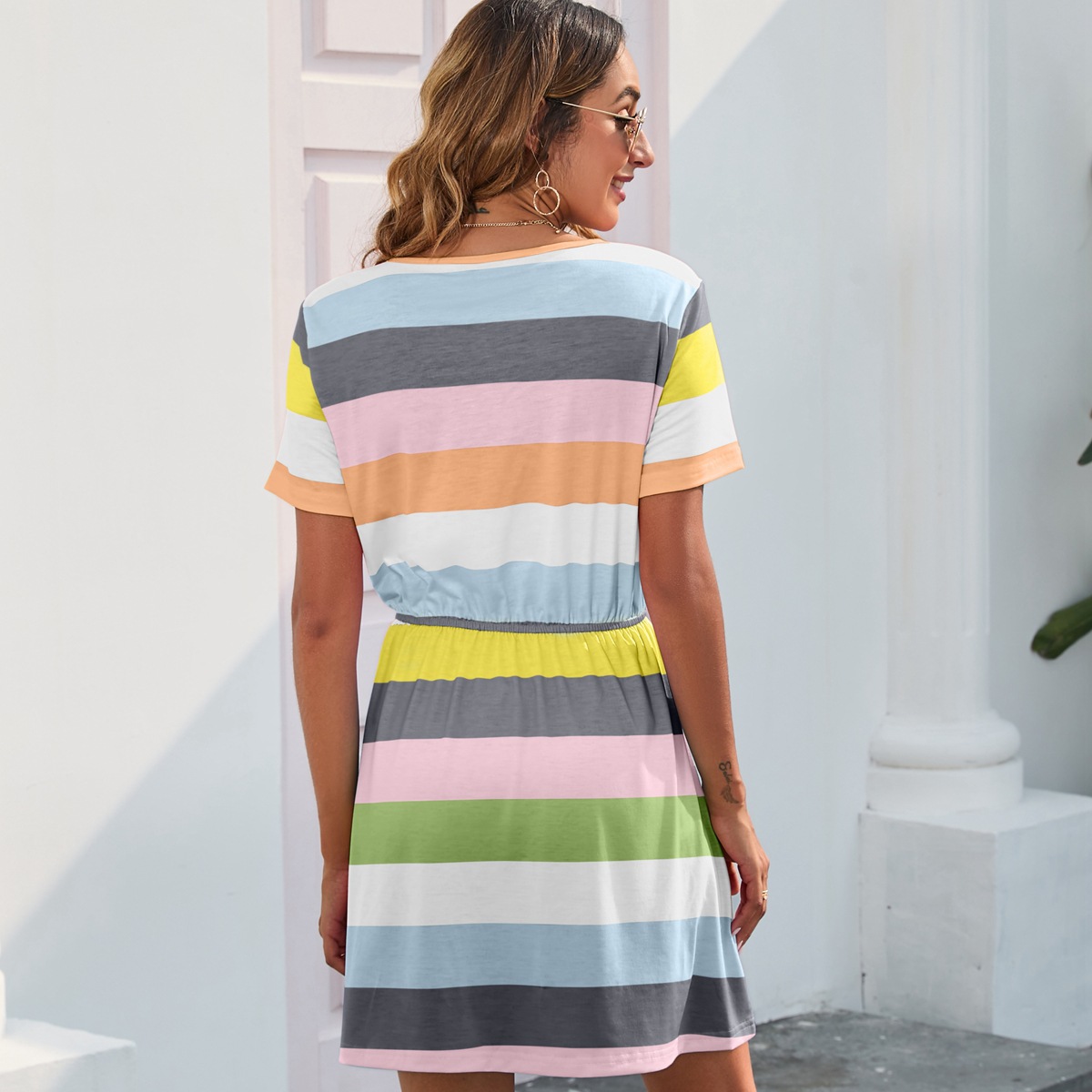 Women Round Neck Striped Printed Jumpsuit Short Sleeve Pajamas Casual Dress