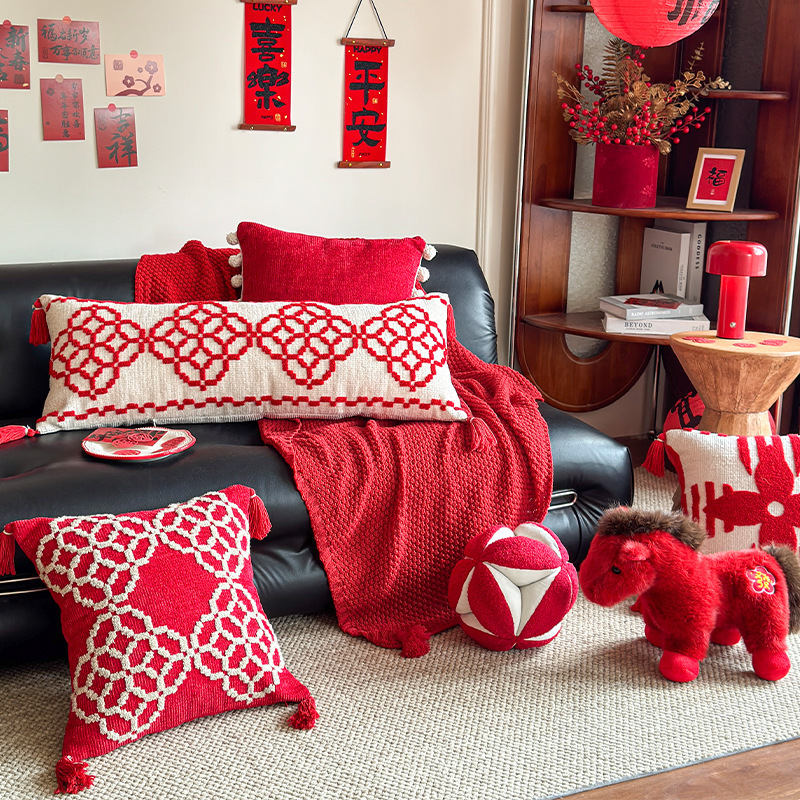 Year of the Horse New Year Red High-End Decorative Pillow Pillowcase New Chinoiserie Bedroom Sofa Bay Window Cushion Cushion with Core
