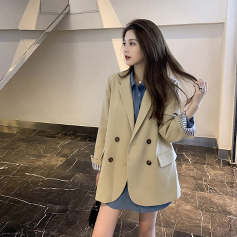 2021早秋新款英伦风中长款肤色网红小西装女士炸街高级感气质外套