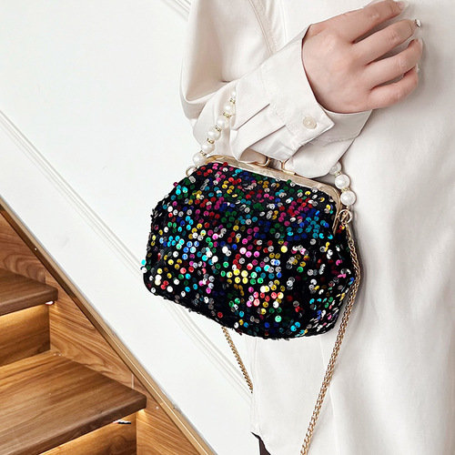 2024 Spring New Evening Bag with Glitter and Pearl Chain Shoulder Bag Women's Crossbody Bag Shell Bag