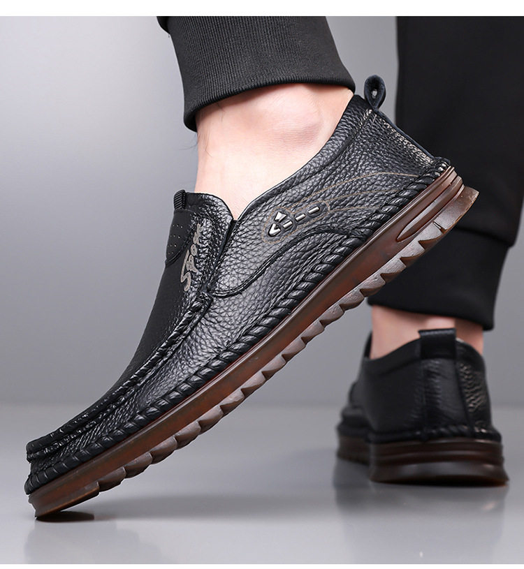 Giày lười nam da bò lớp đầu cỡ lớn, mũi tròn, đế bằng, phong cách casual — Màu nâu, Màu trắng ngà, màu đen chi tiết 27