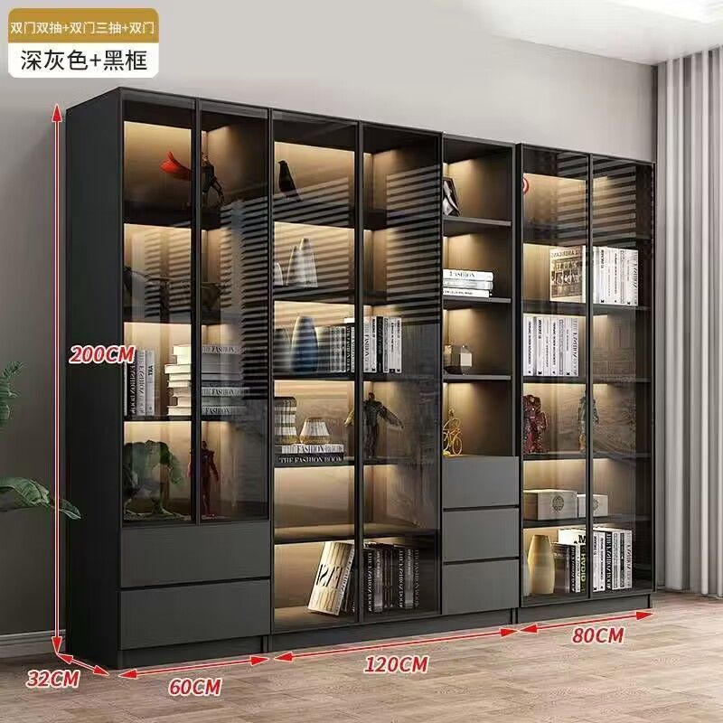 轻奢书柜带玻璃门书架落地简约现代客厅书橱实木手办酒柜展示柜子|undefined