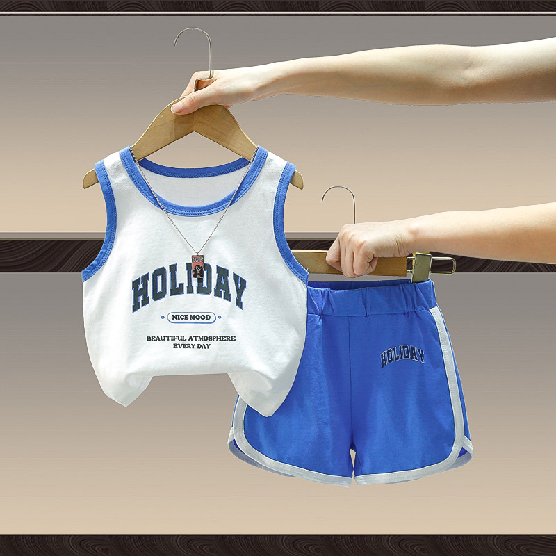 7828 traje de verano para niños nuevo estilo estilo occidental chaleco deportivo para bebés pantalones cortos ropa sin mangas de verano para bebés y niños delgada