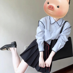 法式学院风蓝色长袖衬衫女2025秋装新款设计感宽松衬衣通勤上衣服
