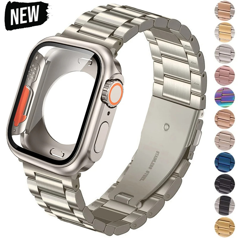 For Apple iwatchS10 46/40/41/44/45mm three-bead stainless steel strap PC all-inclusive case